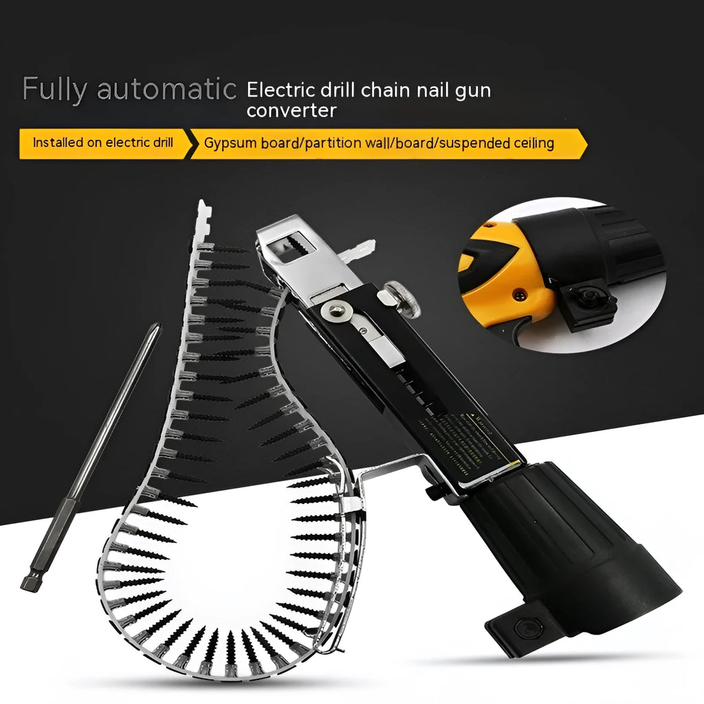 Automatic chain screw gun head electric screwdriver attachment with cross head bit and gun rack