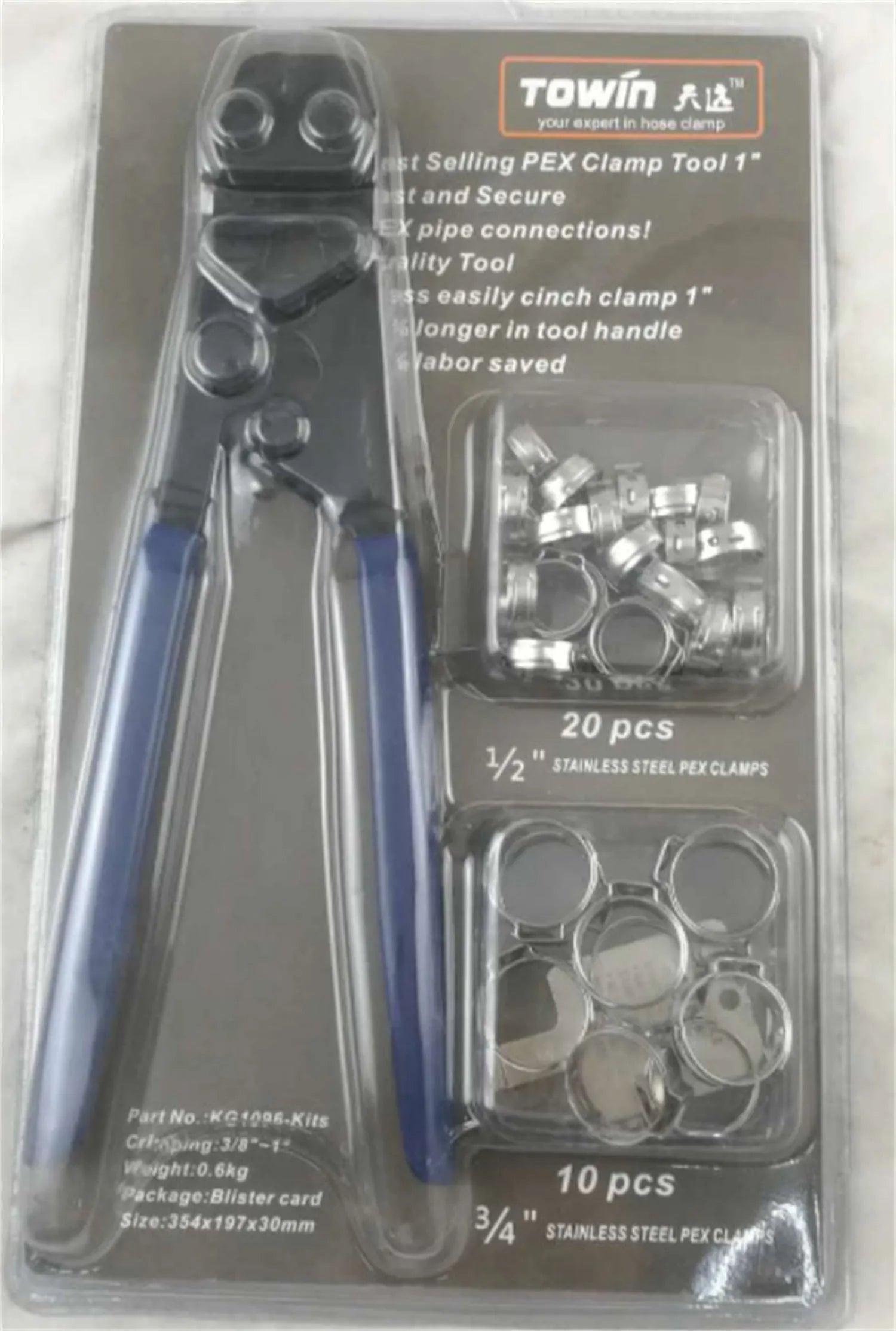 Red metal PEX clamp set with carbon steel cutting edge for plumbing connections