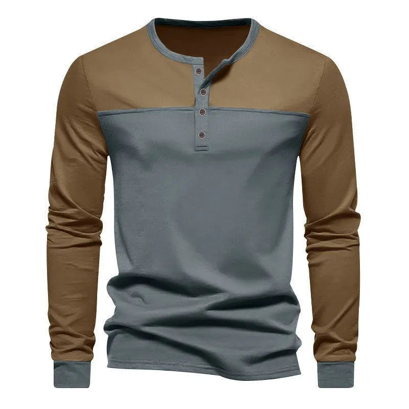 Men's long sleeve casual shirt with henry collar in solid colour beaded twill fabric.