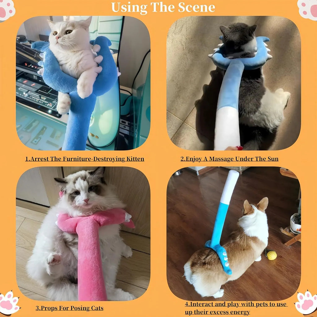 Blue plush cat wand toy with foam-filled tip on a 70cm handle