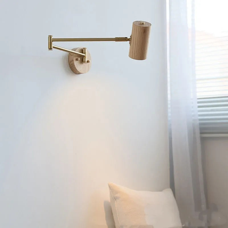 Retro-style wooden and iron wall lamp with a long, rotating arm and integrated switch.