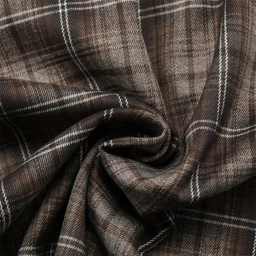 Men's black and brown plaid short sleeve shirt with embroidery detail and lapel collar