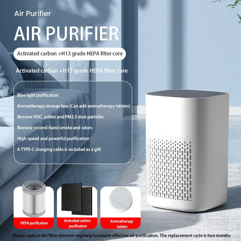 Simple style desktop air purifier with USB power cable for small rooms.