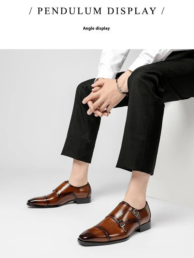 Men's black leather square toe business casual shoes with rubber sole