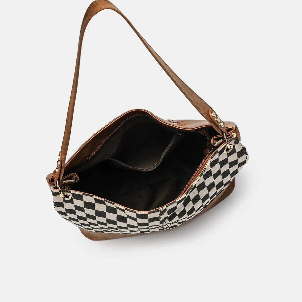 One-shoulder canvas stitching PU crossbody bag in black or light brown with open outer pocket and horizontal square shape