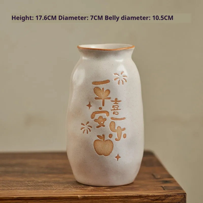 Chinese hand-painted ceramic joy vase with auspicious symbols on 8cm diameter base for desktop display
