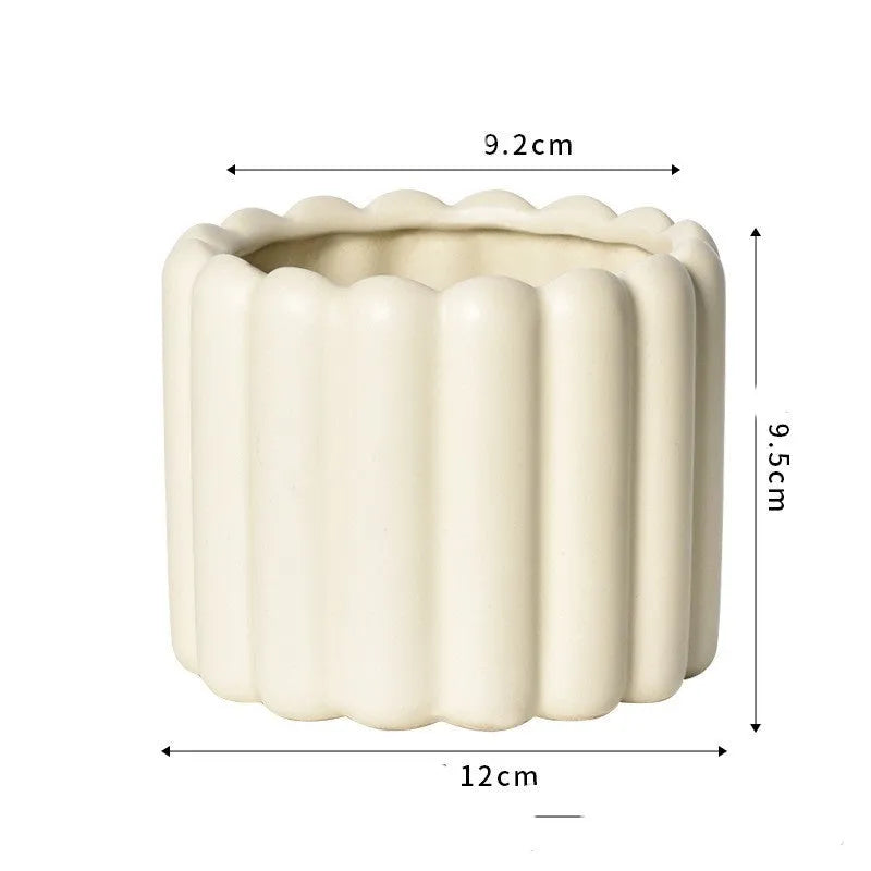 Roman column matte yellow ceramic flower pot with breathable, self-absorbent design.