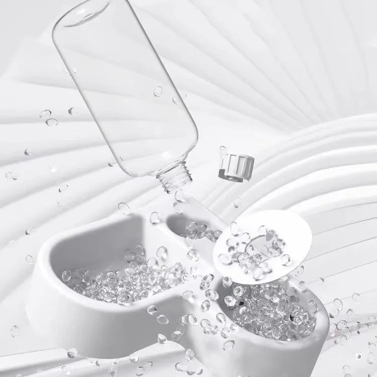 White food-grade plastic pet water fountain for cats and dogs with four flow modes.
