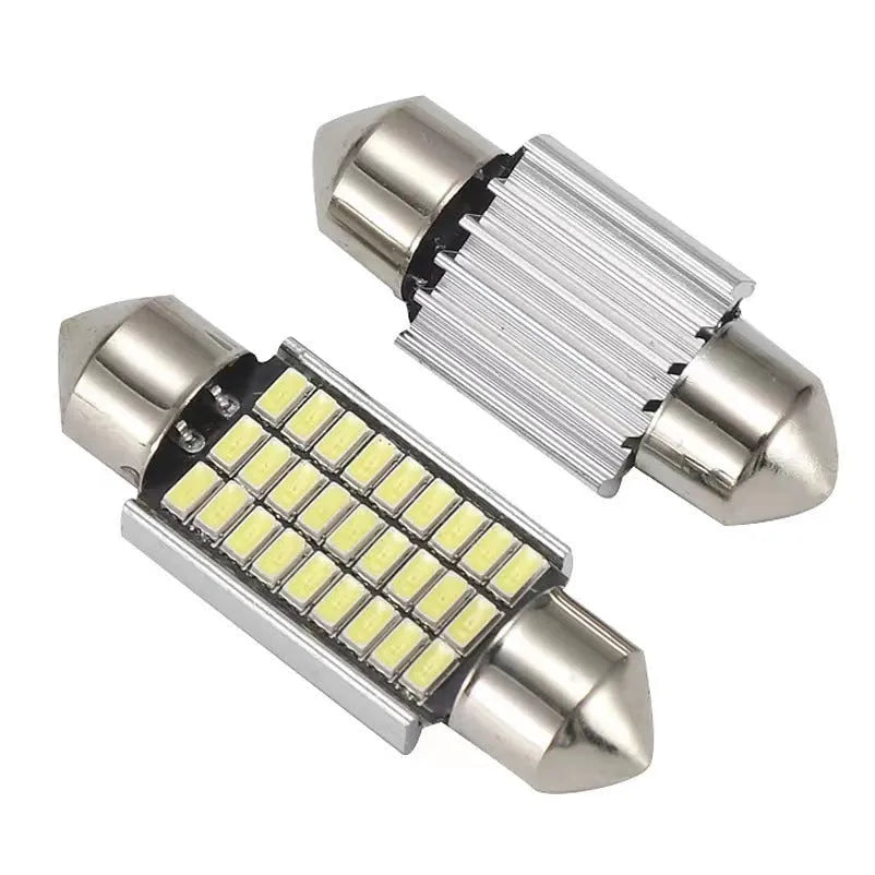 White aluminium car interior LED light with double tip design, shown with four size options.