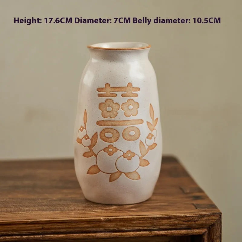 Chinese hand-painted ceramic joy vase with auspicious symbols on 8cm diameter base for desktop display