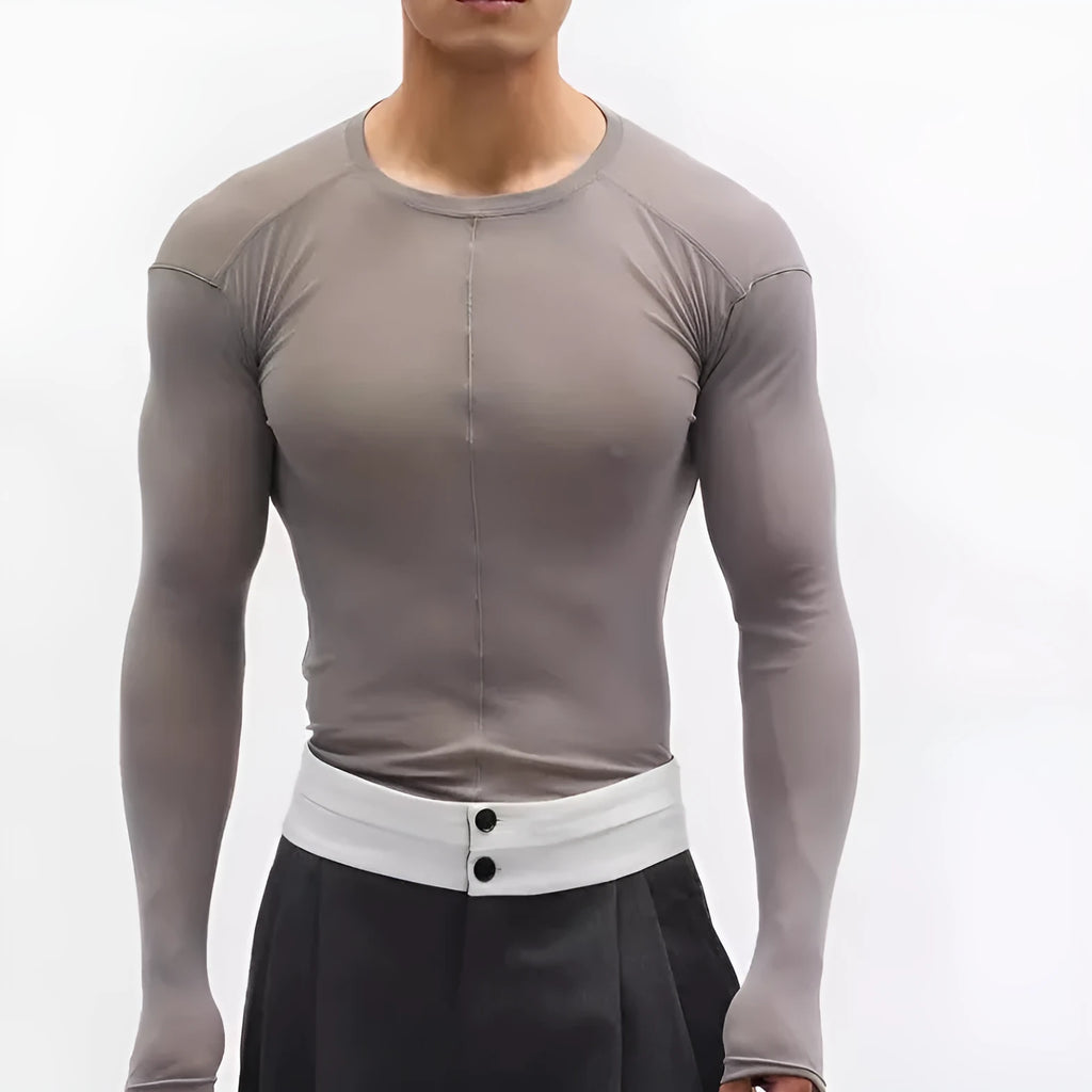 Mesh see-through texture slim-fit black pullover with long sleeves and round collar
