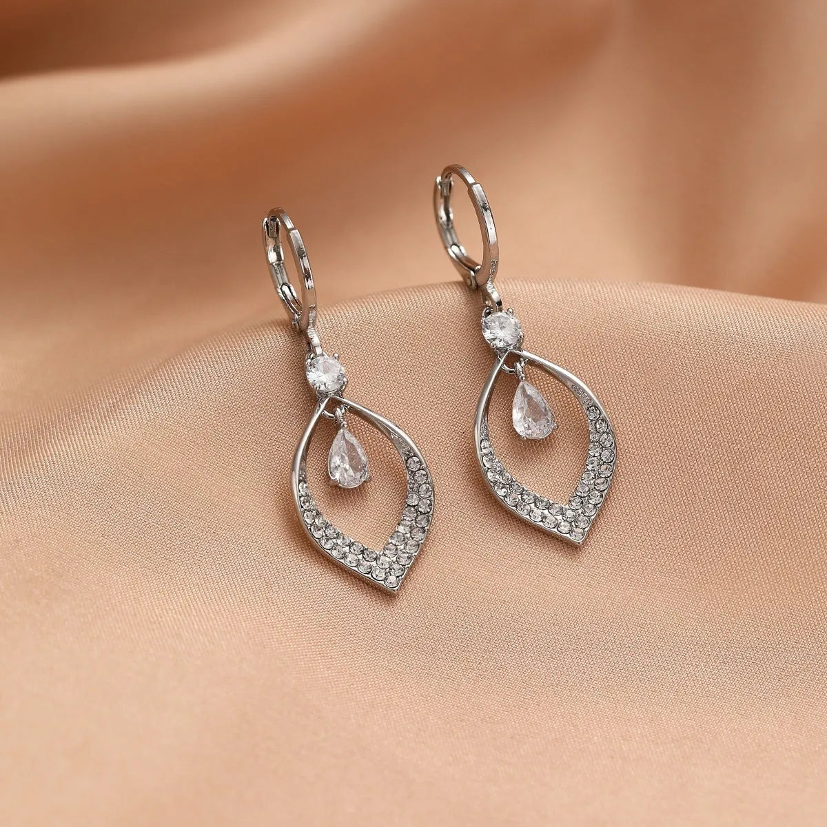 Women's zircon drop tassel earrings with teardrop shape and electroplated gold or silver finish