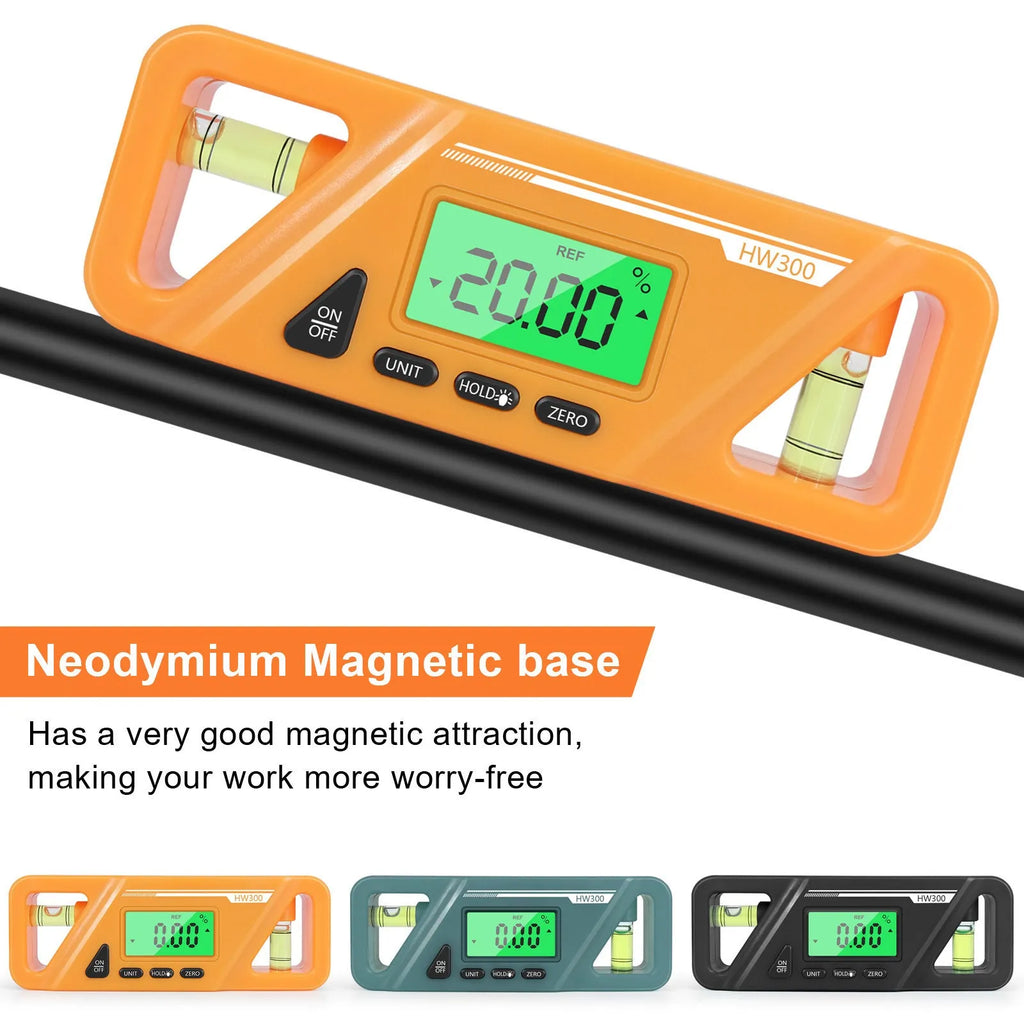 Digital display inclinometer level meter with magnetic strip on its base showing angle reading.