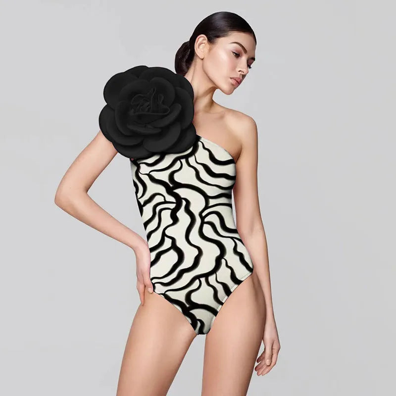 Women's one-piece swimsuit with 3D flower pattern in US sizes S, M, L, XL.