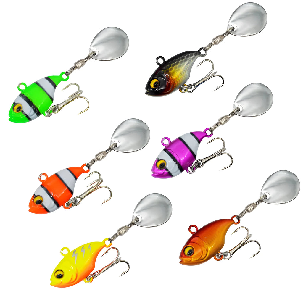 Metal fishing lure with rotating sequin in zebra stripe, black, purple, orange, green, and gold colour options.