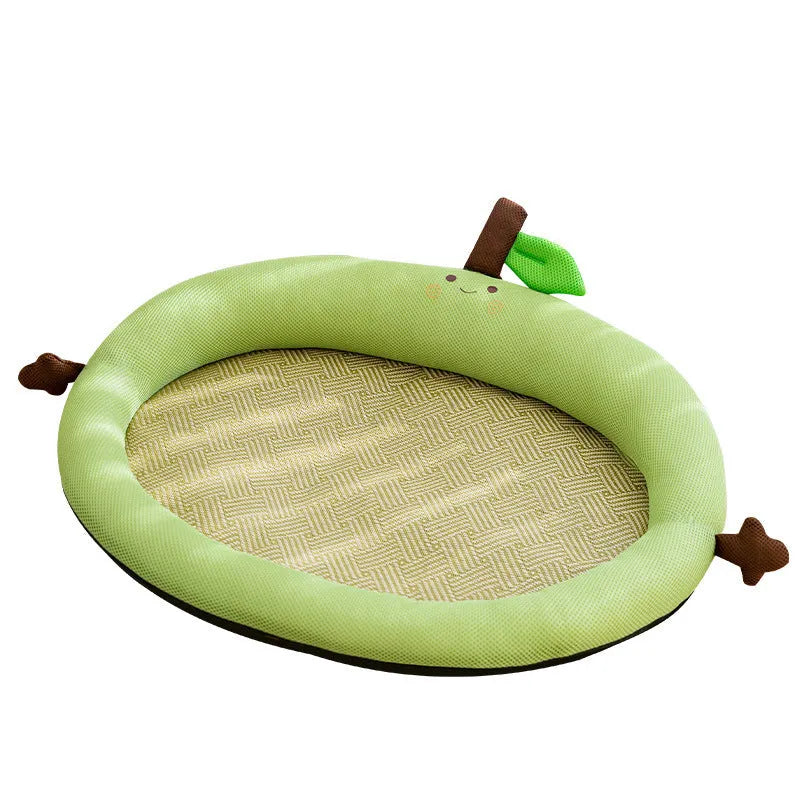 Green pet cooling mat and nest bed with fruit-shaped backrest for dogs or cats.
