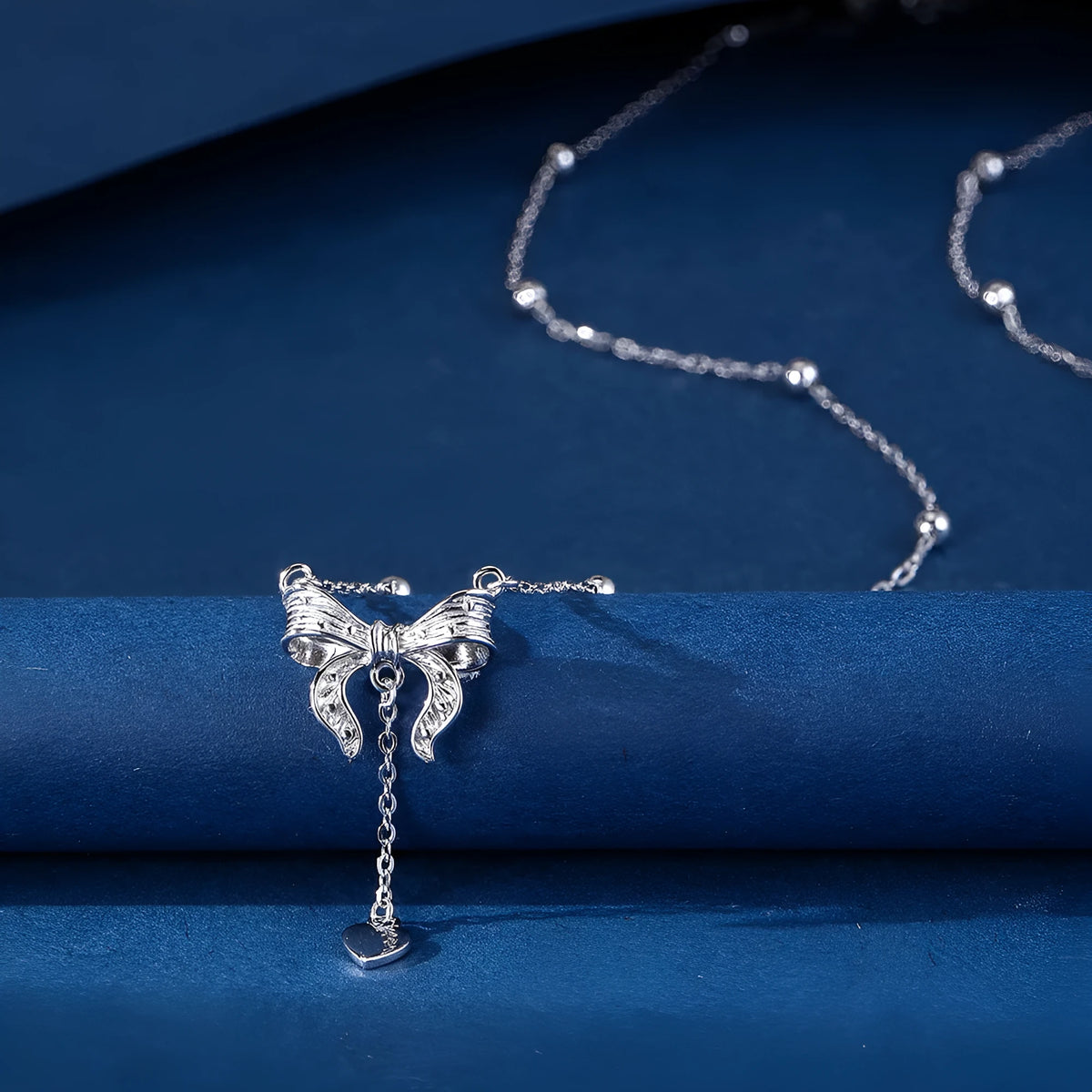 S925 silver butterfly heart and bow pendant necklace on adjustable O-ring chain