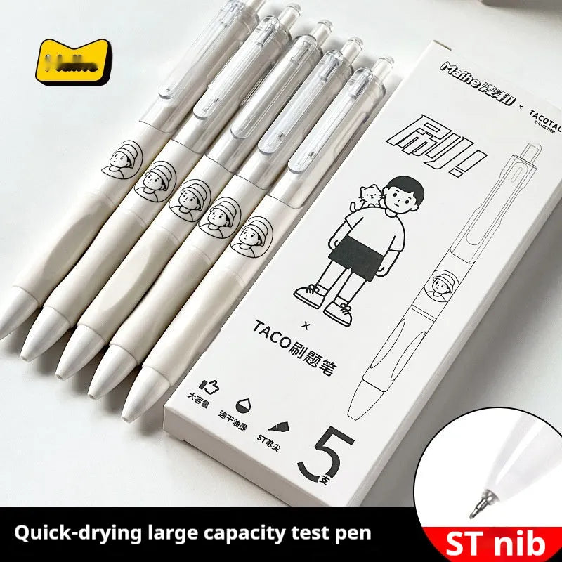 Five white and black 0.5mm ballpoint pens with quick-drying black ink for student writing