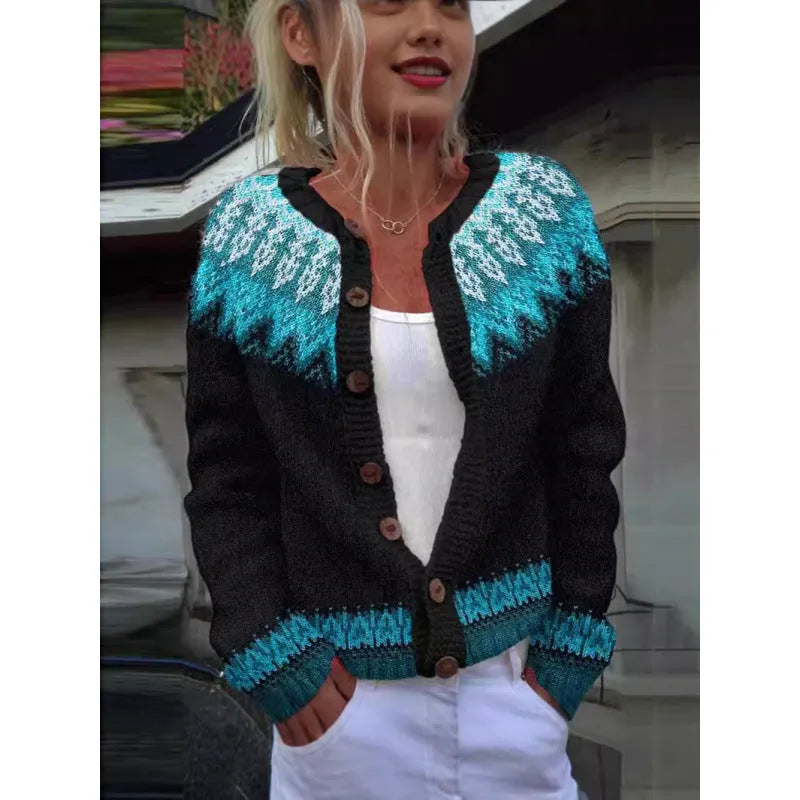 Yellow digital print knitted cardigan coat with a 3D stereo pattern, shown in a gentle cardigan style.