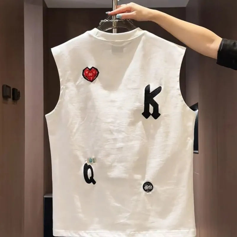 Men's white cotton sleeveless vest T-shirt with cartoon print design showing loose fit