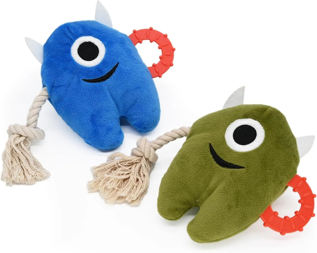 Blue and green plush dog toy with integrated rope and squeaker for chewing and tug-of-war play