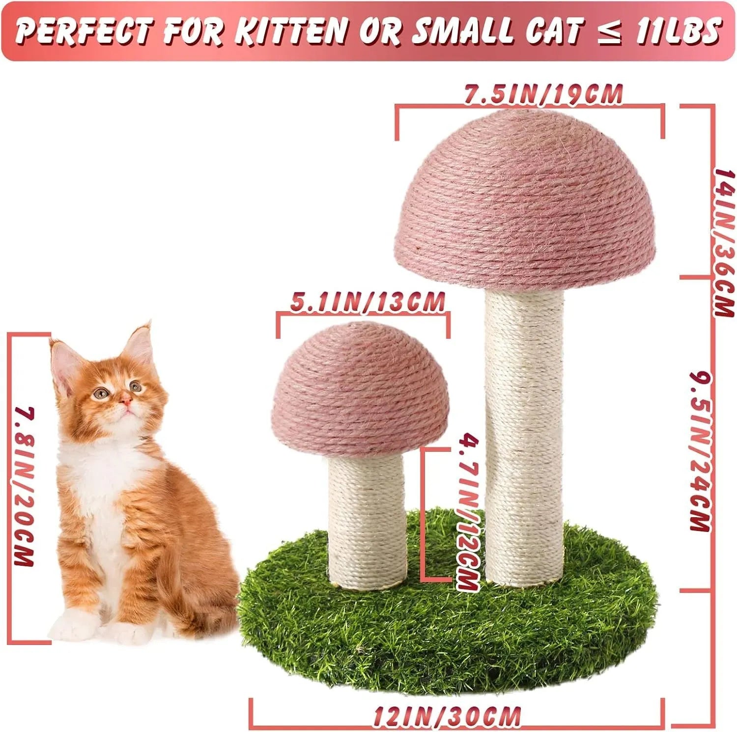 Pink mushroom-shaped cat scratching post with natural sisal cap and pole on a sturdy base.
