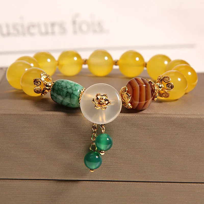 Yellow agate crystal bracelet with gold silk thread in khaki colour, Japanese Korean style women's jewellery