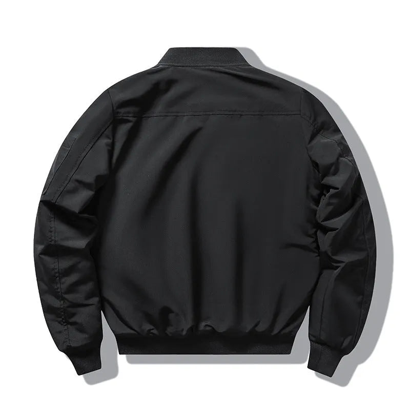 Men's slim-fit black retro stand collar cotton-padded Harley-style coat with patch pockets.