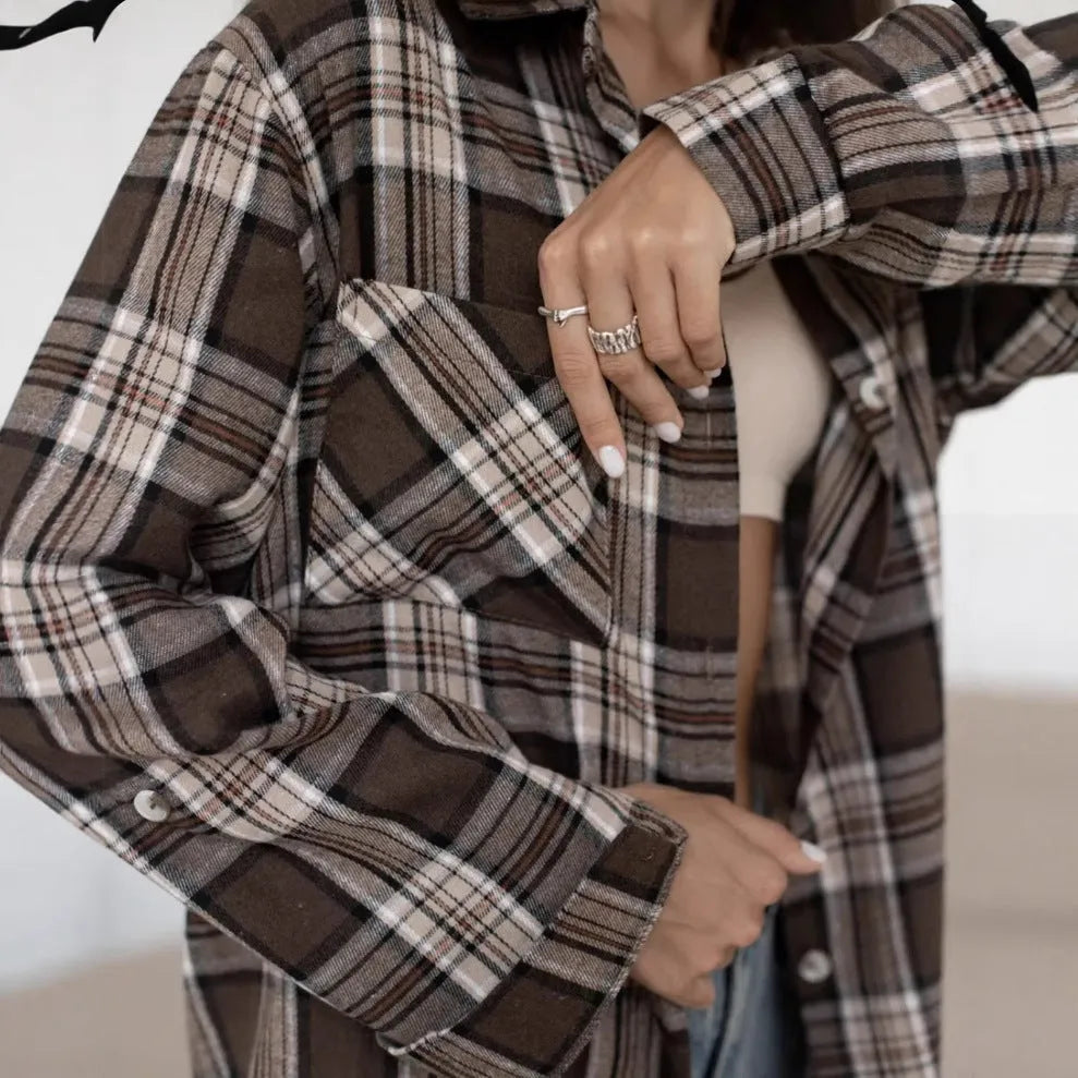 Women's retro striped cotton shirt in dark brown with long sleeves and artistic design
