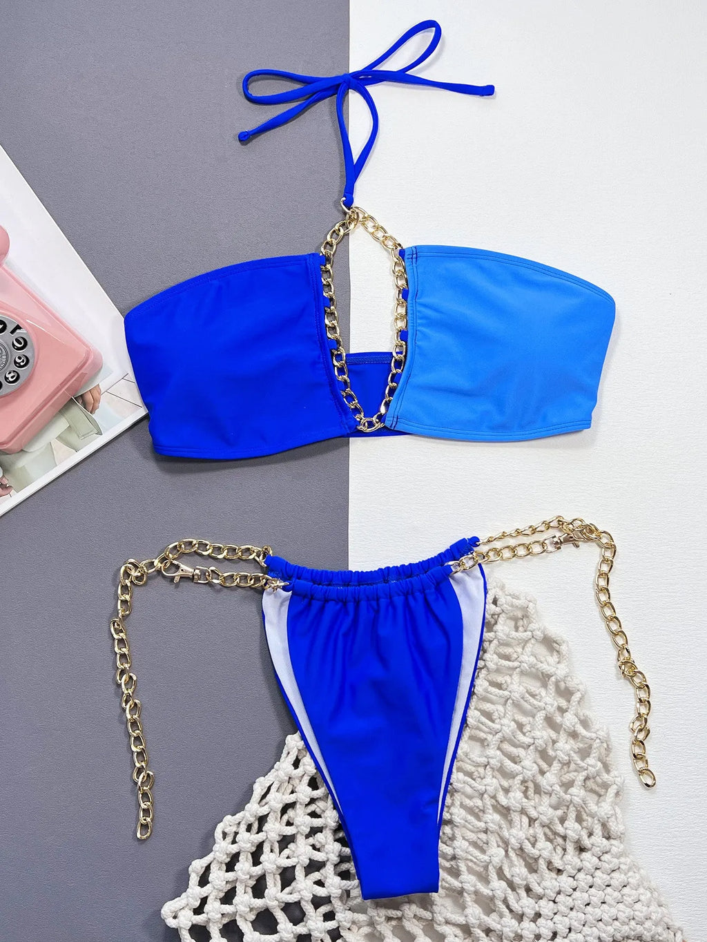 Blue solid colour women's two-piece bikini swimsuit made from nylon fabric