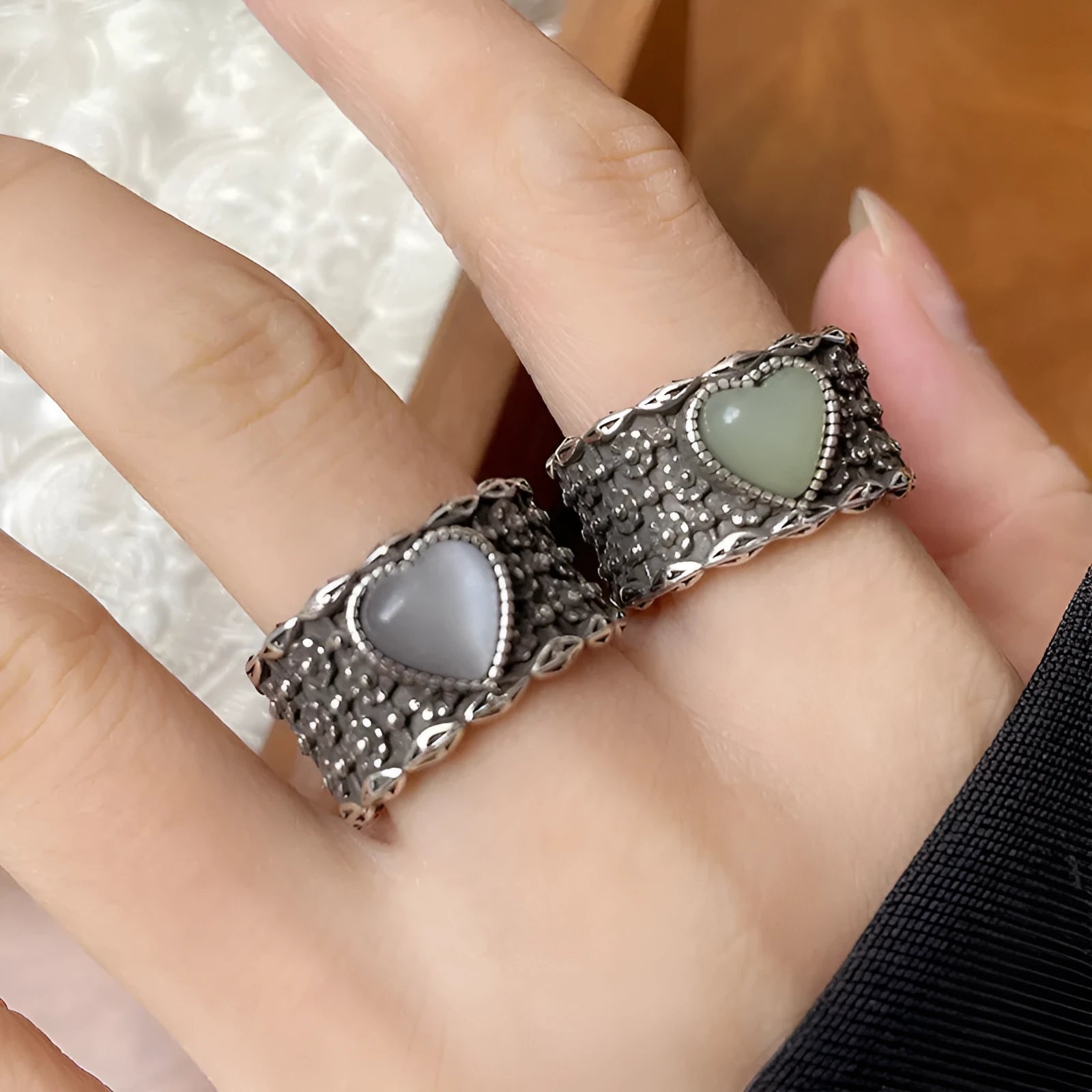 Retro adjustable wide-faced ring with heart-shaped moon design in white copper plated silver