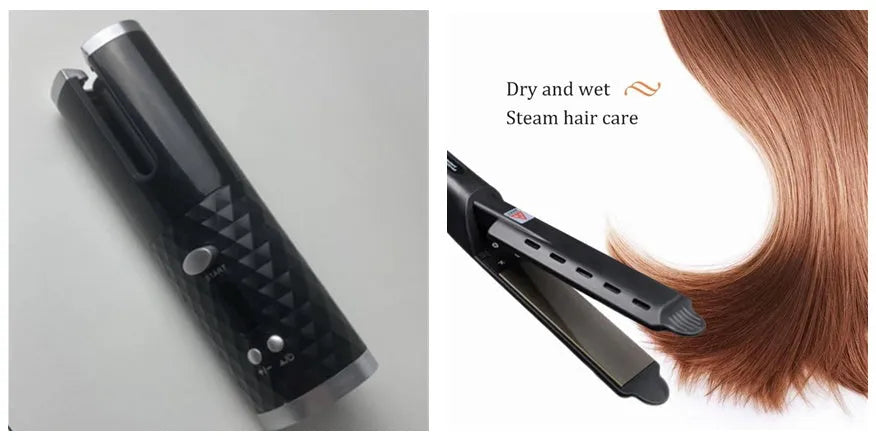 White portable curling iron with USB charging cable, gold ceramic barrel, and digital temperature display.