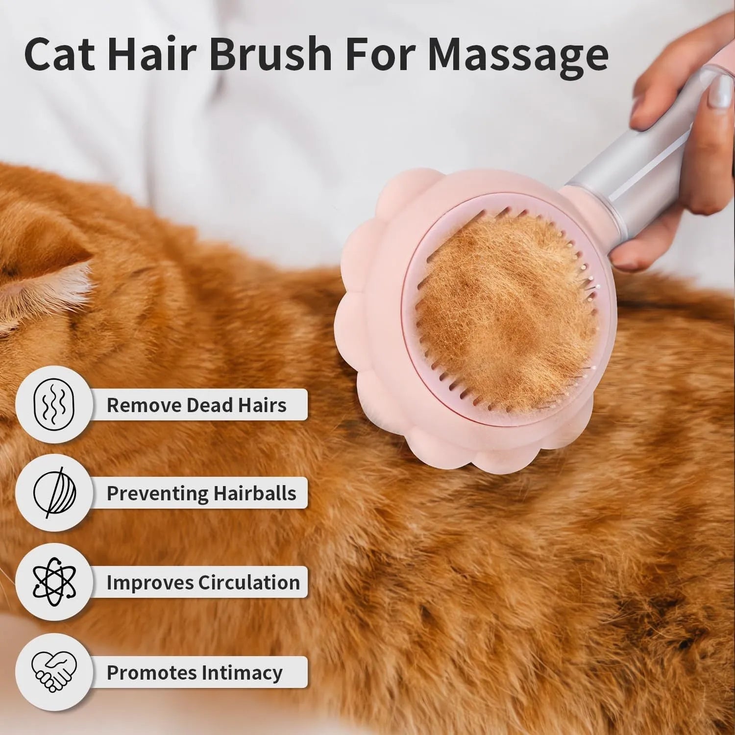 Grey spray grooming brush for cats with a self-cleaning button and curved stainless steel bristles.