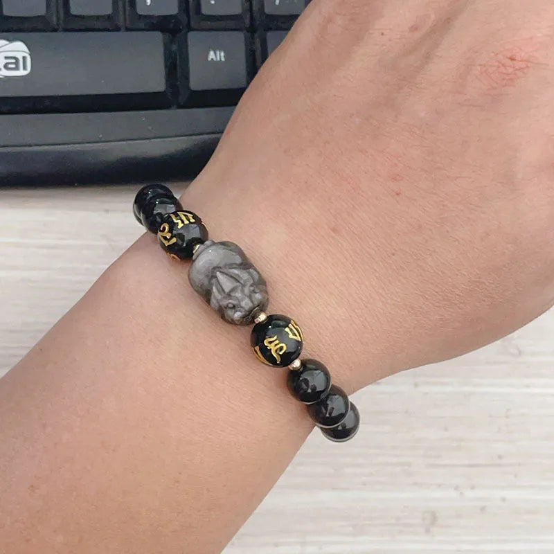Men's natural silver stone bracelet with Chinese zodiac signs and beaded design