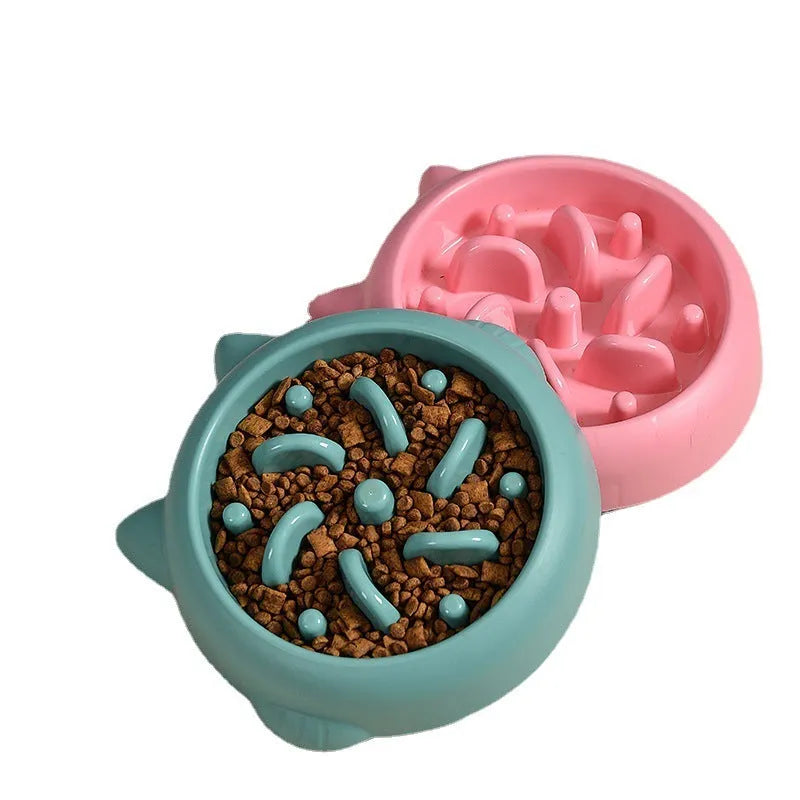 PP plastic dog slow feeder bowl with ridges and obstacles in green pink orange colours