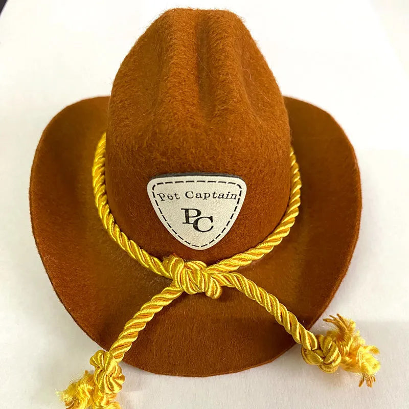 British-style brown cowboy hat for a cat on a mannequin head.