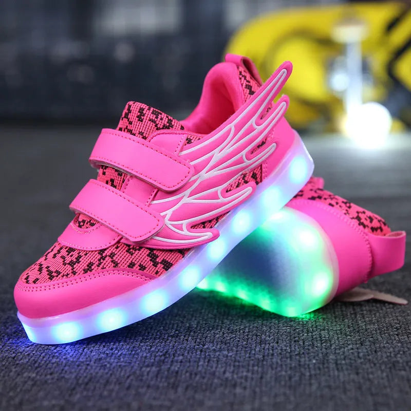 Children's plum red and white LED light-up sneakers with USB charging port and hidden colour selection switch