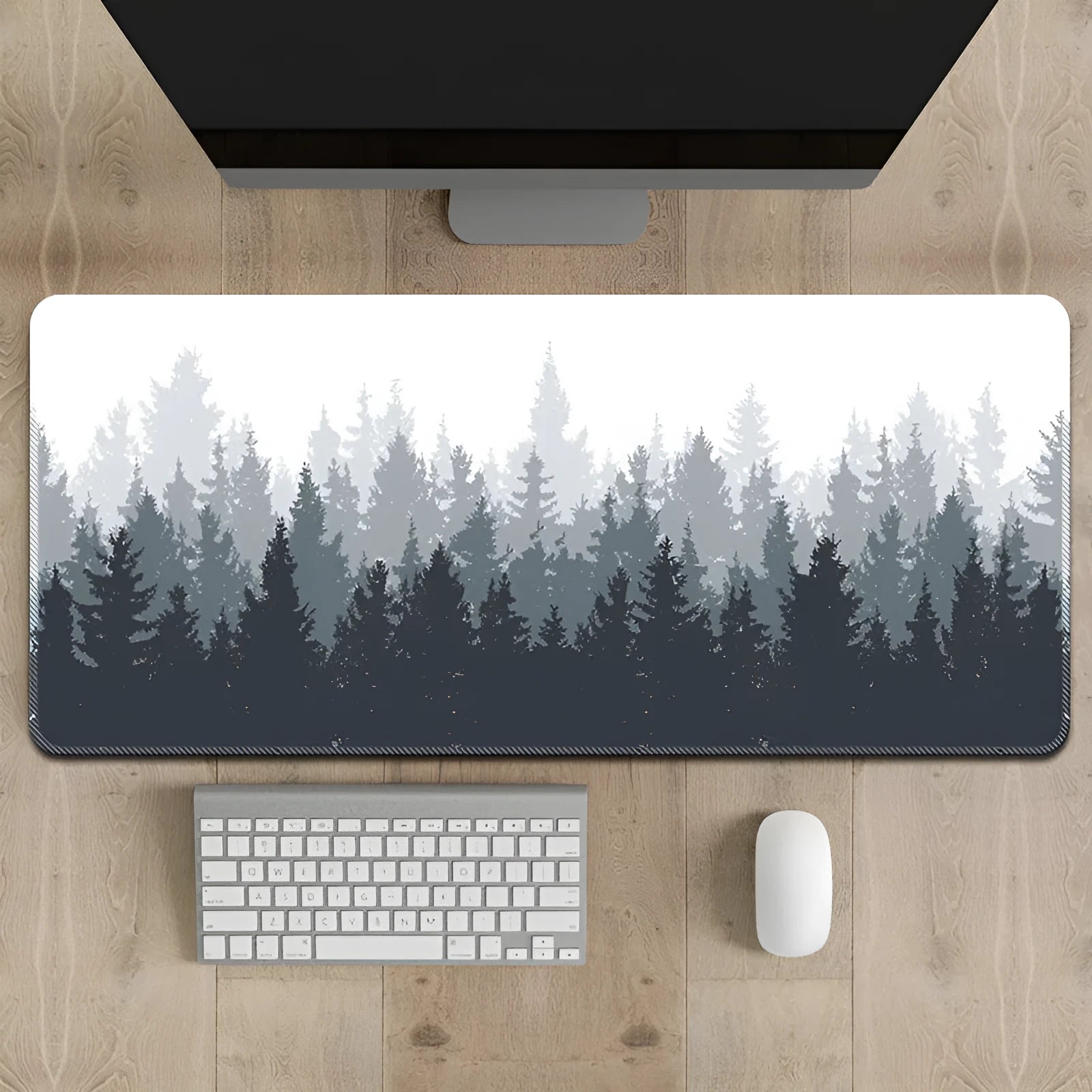 Chinese ink painting landscape design on a large black desk mat with a non-slip rubber base.