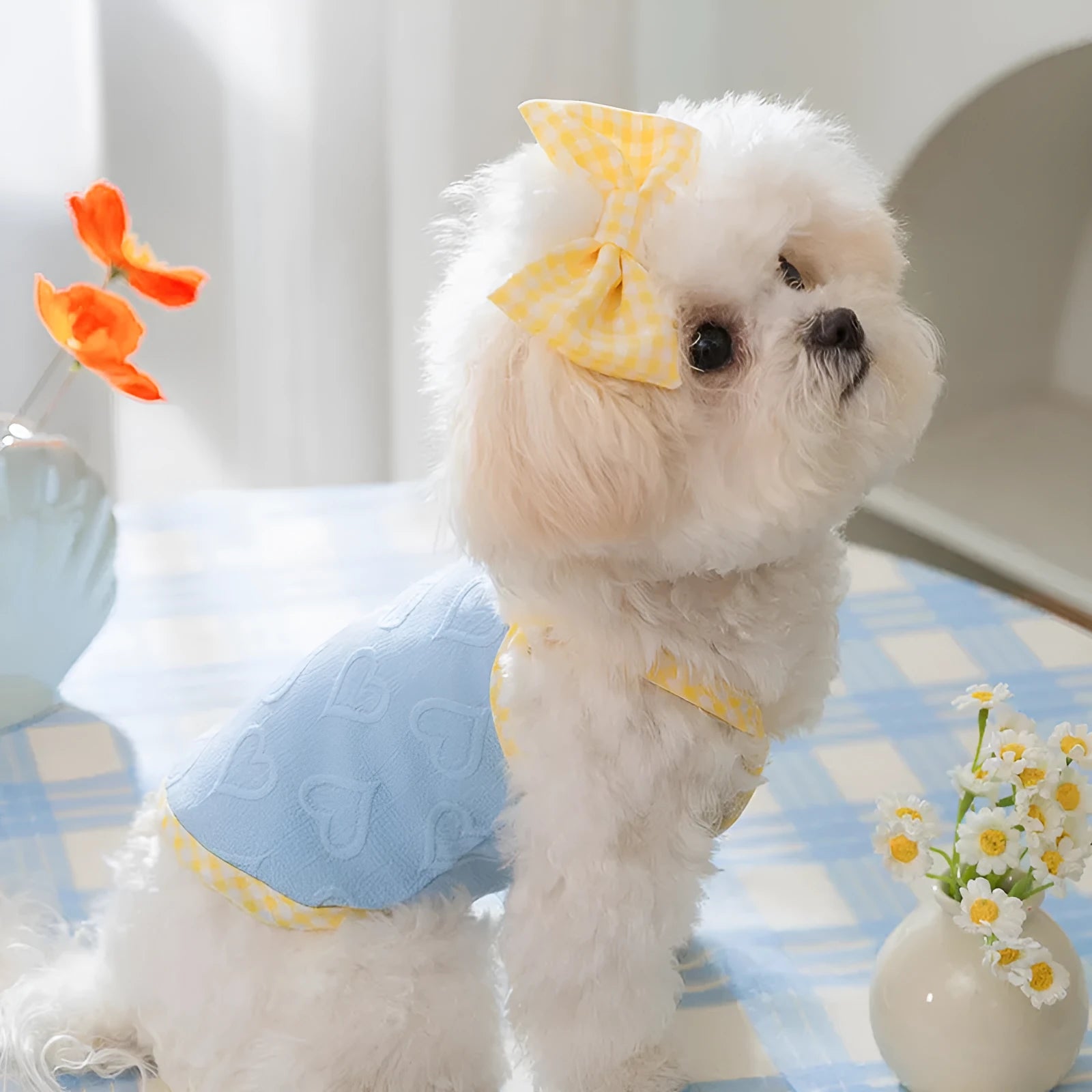 Small dog wearing a blue heart texture vest with bow suspenders and matching hairband