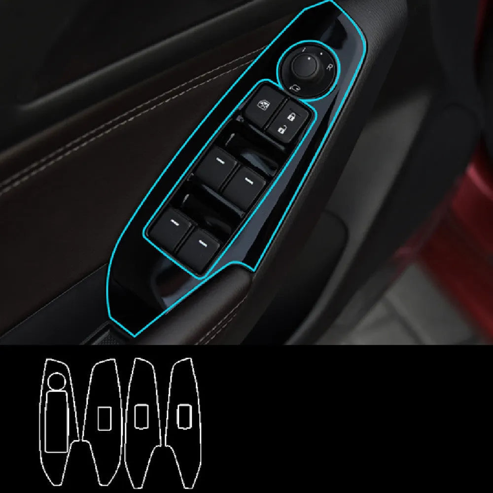 Four TPU protective films for a 14-19 car door control panel, showing transparent and black finish options.