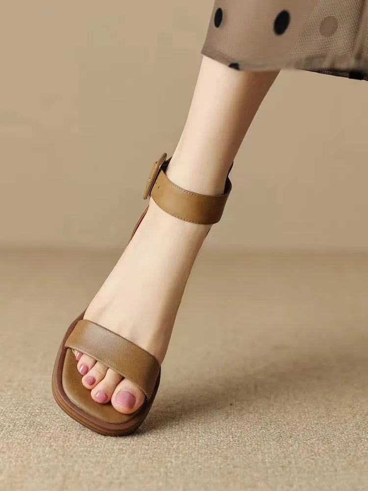 Retro ankle-strap platform heels for women in khaki colour with round toe and PU leather construction