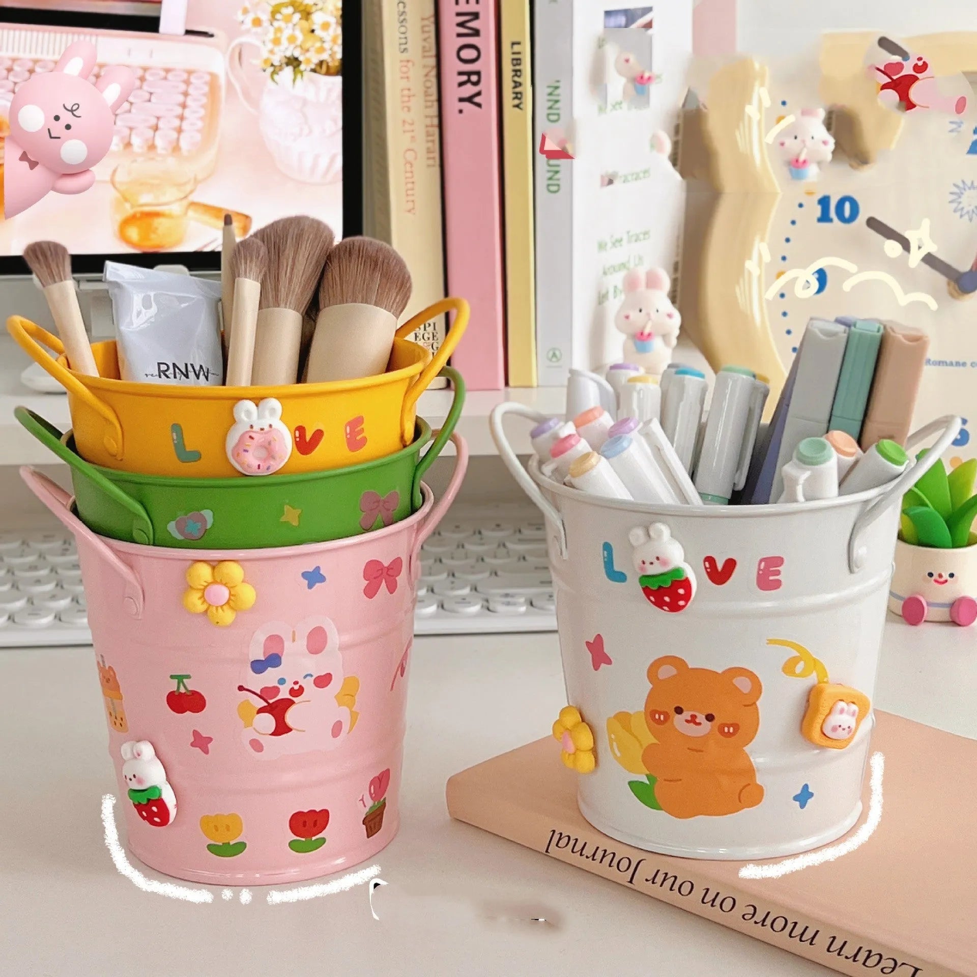Round metal desktop pen holder in multiple colour options including green, pink, and red