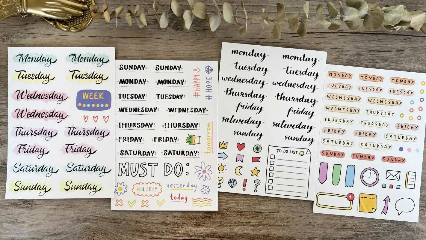 English letters and numbers label stickers in cute printed style for journal and planner decoration