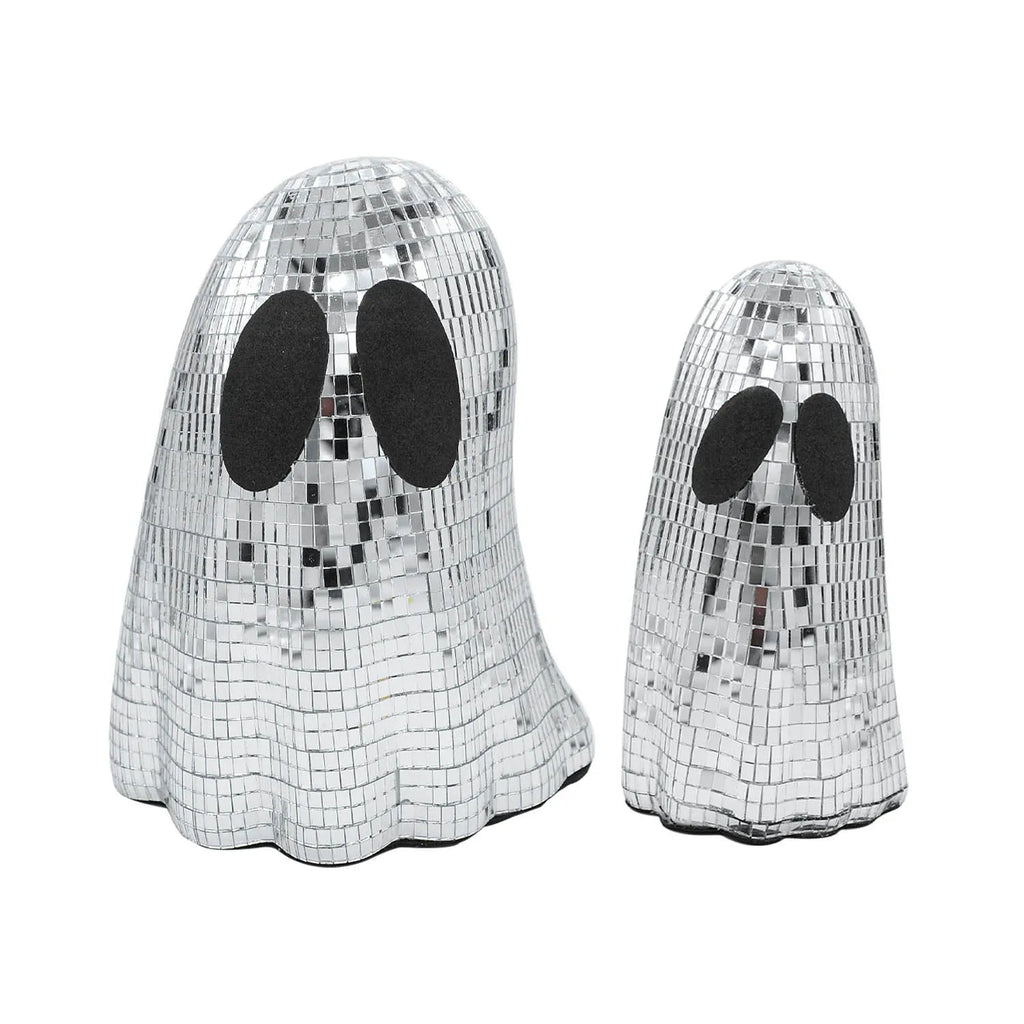Silver Halloween ghost desktop decoration with mosaic mirror patch inlay on glass.
