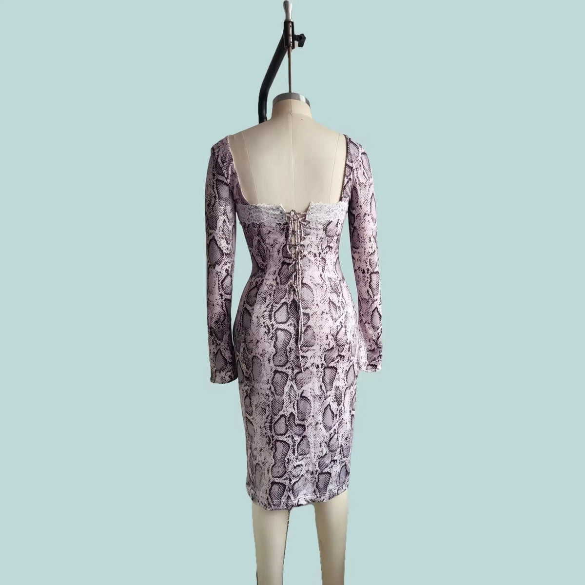 Grey digital printed lace dress with 3D pattern, A-line skirt and long sleeves