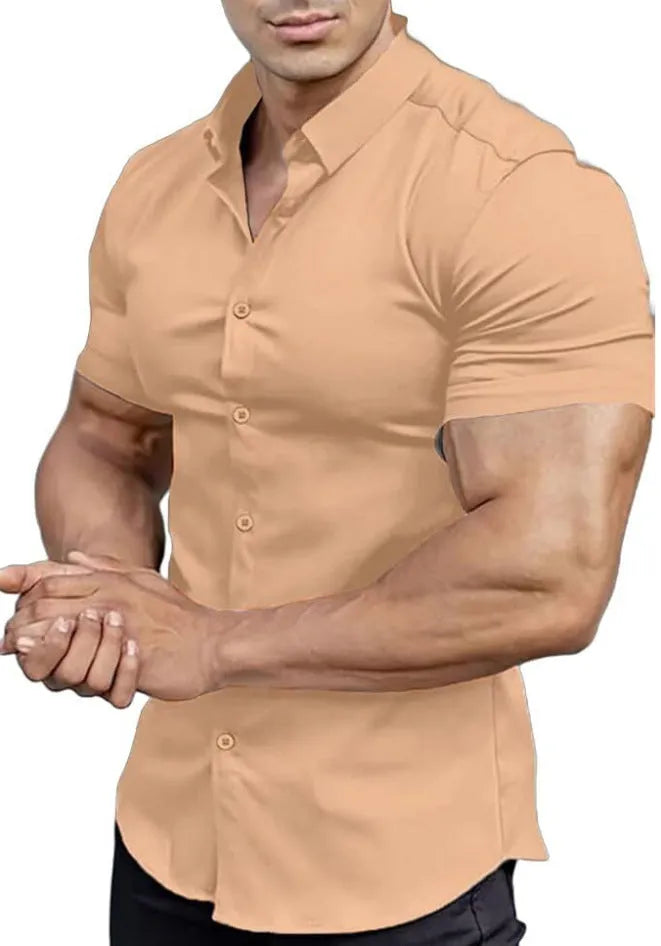 Men's brown short sleeve printed shirt with shirt collar in casual cardigan style.