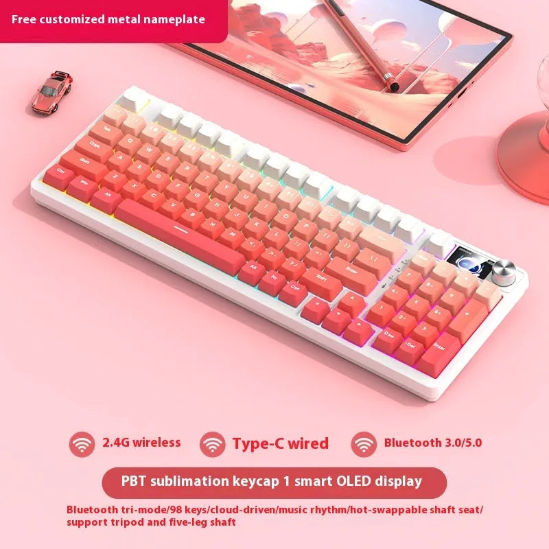 White screen version 98-key wireless mechanical keyboard kit with metal knob on desk