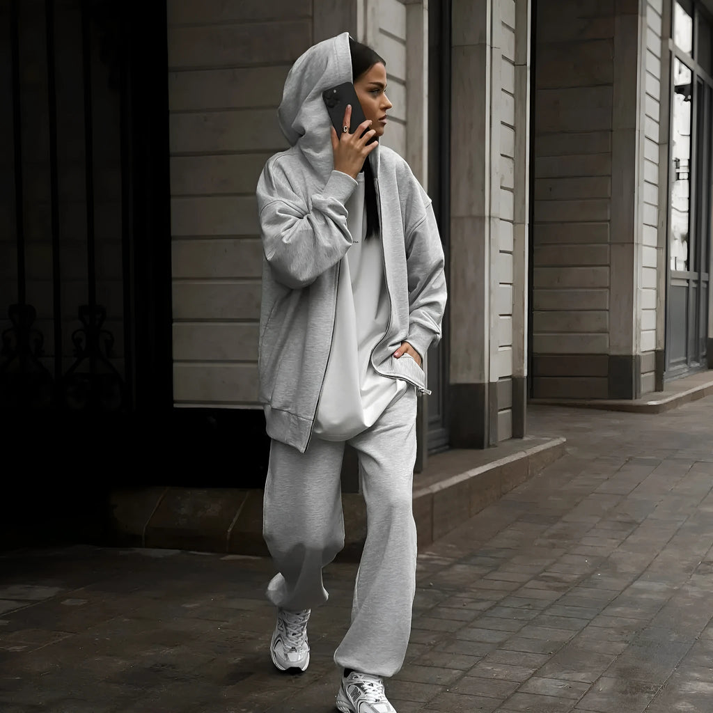 Street style long-sleeved coat and trousers two-piece set in solid colour