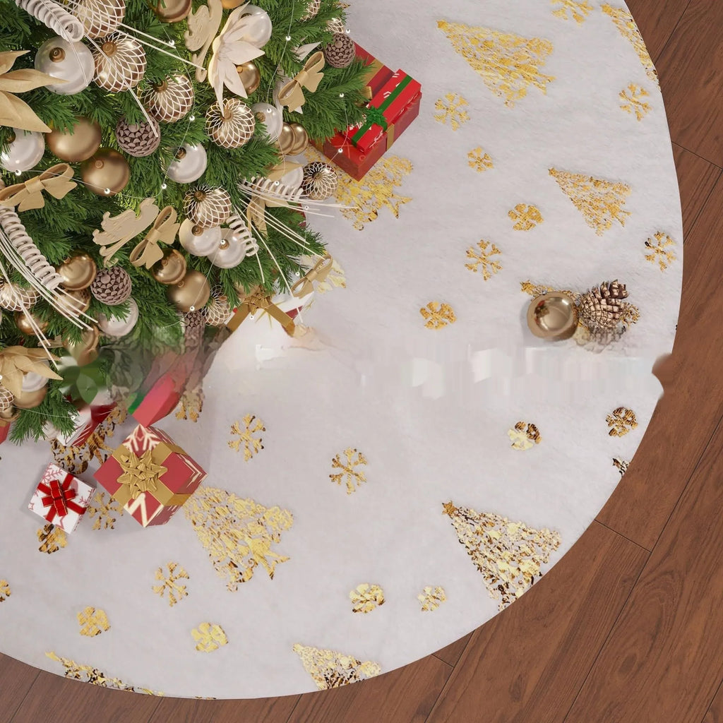 Plush festive mat with snowflake design under a Christmas tree