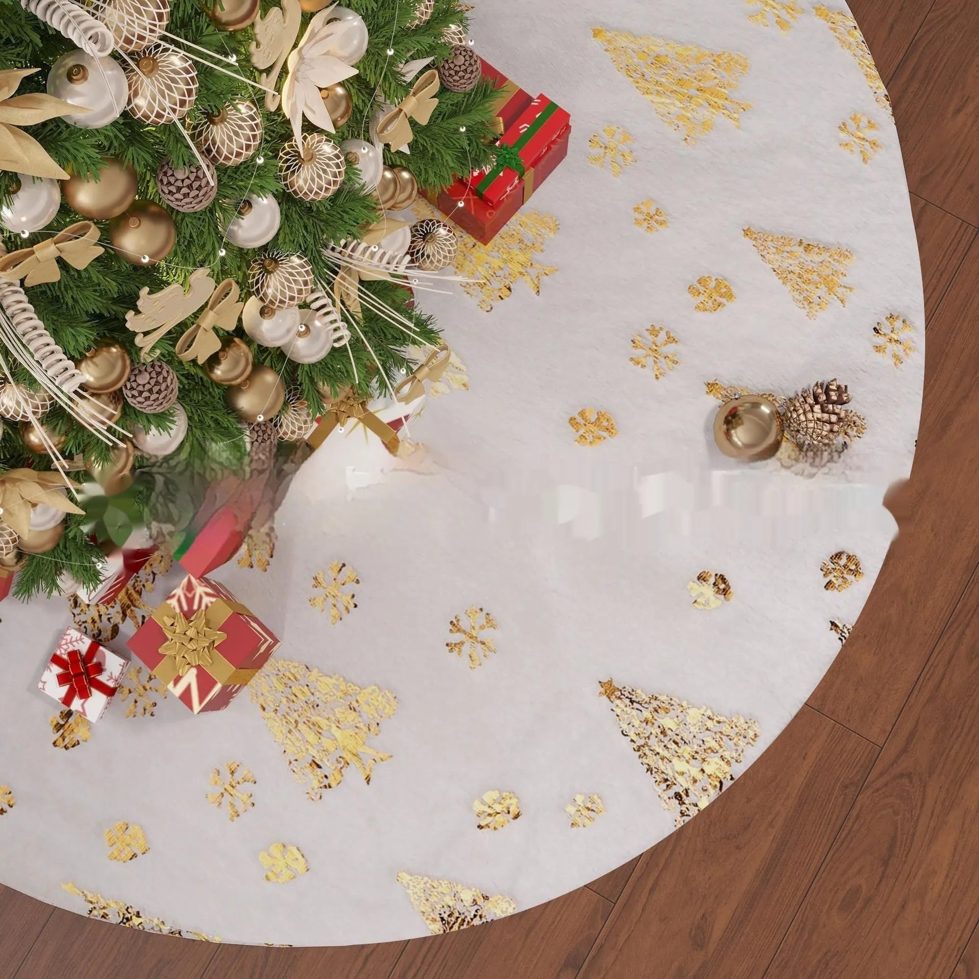 Plush festive mat with snowflake design under a Christmas tree